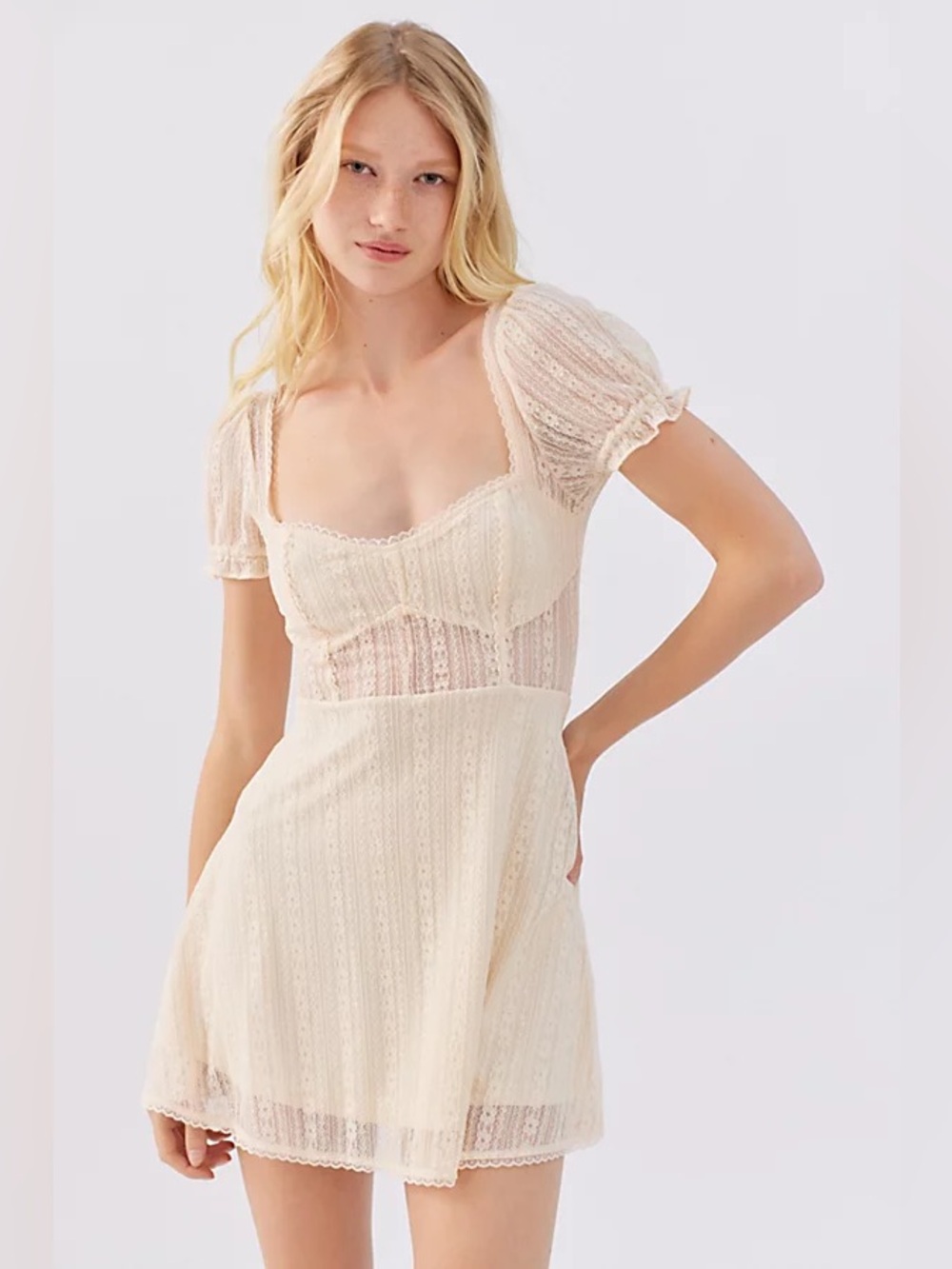 Urban Outfitters Roxie Lace Trim Mini Dress in Ivory.
